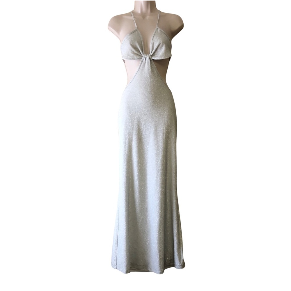 Lily Bleu White & Silver Long Formal Dress with Cutout Sides